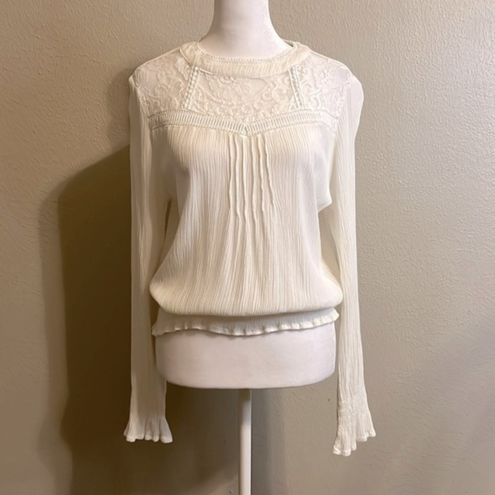 American Rag Lace High Neck Cream Long Sleeved Top Size XS